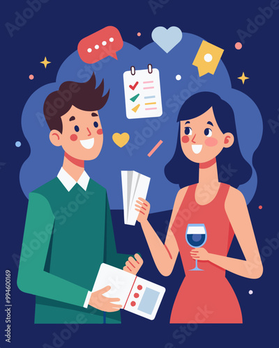 A young couple eagerly plans a date night splurging on a show and fancy dinner only to realize their discount coupons for both are all expired.. Vector illustration