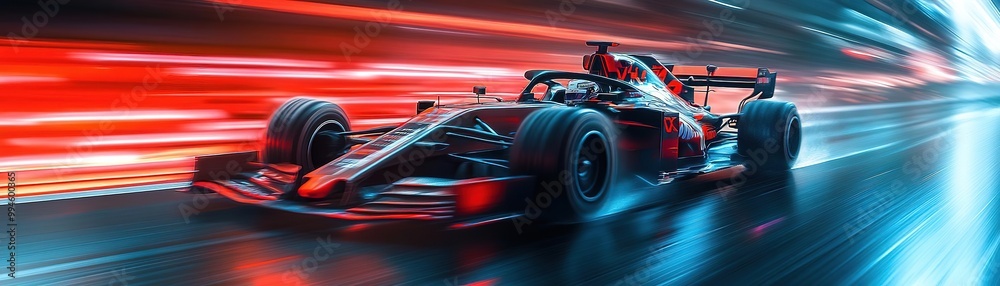 Naklejka premium Dynamic racing car speeding through vibrant streaks of light, capturing the thrill of motorsport action in a modern setting.