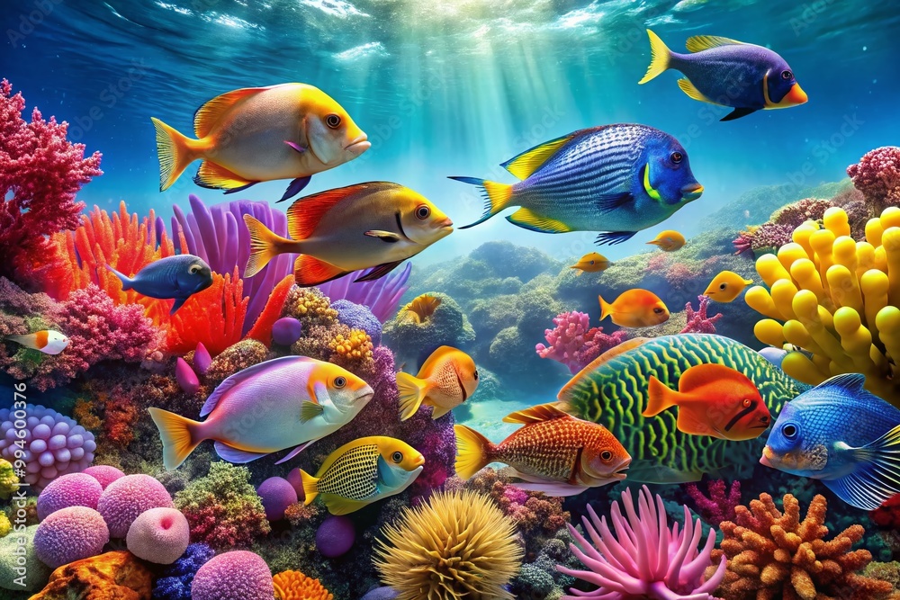 Naklejka premium Vibrant Tropical Fish Swimming in Clear Ocean Waters Surrounded by Colorful Coral Reefs and Life