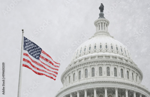 A snow covered Washington D.C. Capitol building with a red and white American flag flying in front of it