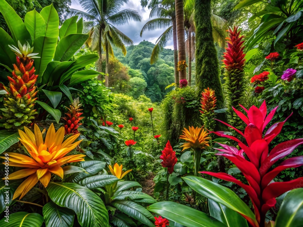 Fototapeta premium Vibrant Tropical Rainforest Flowers in Lush Greenery Showcasing Nature's Colorful Beauty and Diversity