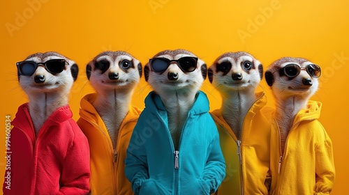 A vibrant group of stylish meerkats wearing colorful jackets and sunglasses, exuding personality against a bright yellow background.