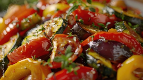 Gourmet ratatouille with vibrant, colorful vegetables.