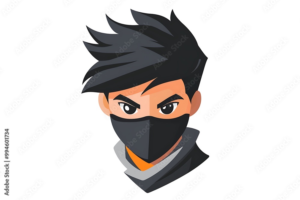 Cartoon illustration of a young man wearing a black mask and black hoodie Cartoon illustration of a young man wearing a black mask and black hoodie