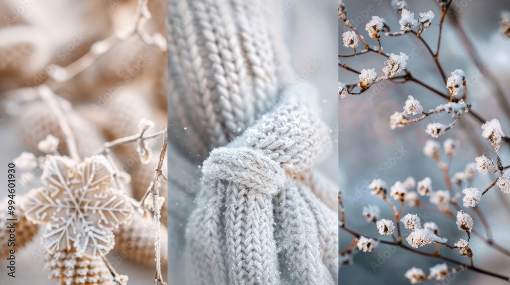 Naklejka premium Winterliche Details von Strick, Schneeflocken und gefrorenen Zweigen.