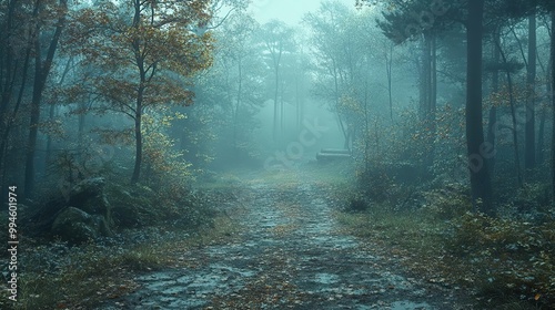 Mysterious forest path shrouded in fog, surrounded by lush trees and vibrant foliage, inviting exploration and adventure.