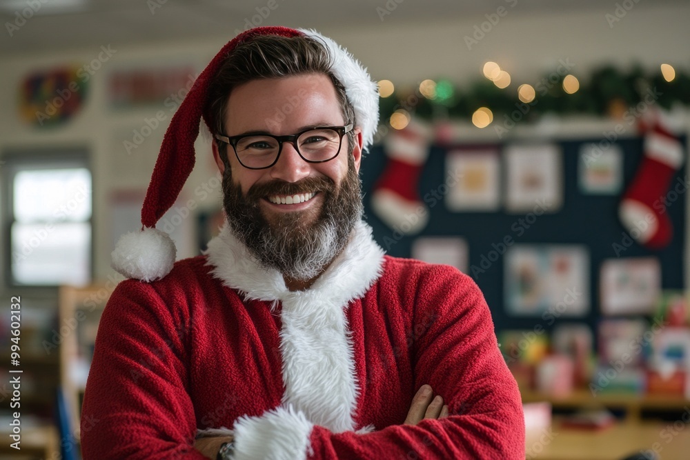 a male teacher wearing a full body Santa Claus costume standing at an elementary school classroom a male teacher wearing a full body Santa Claus costume standing at an elementary school classroom