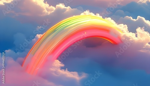 Elegant 3D minimalist rainbow in golden hour lighting, featuring a high-angle perspective with soft shadows and professional color grading for a pristine aesthetic photo