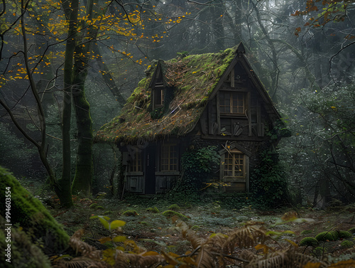 Mysterious cottage in woods with witchy vibes, surrounded by darkness and enchantment, beckons unknown visitors. photo