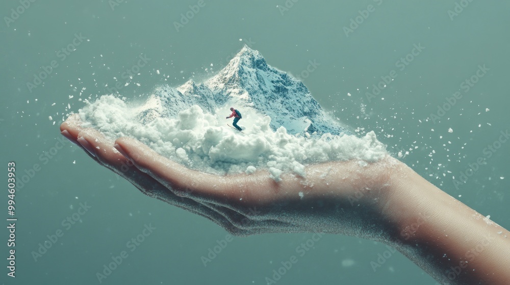 Fototapeta premium Travelling down her arm is someone snowboarding down a mountain looking 