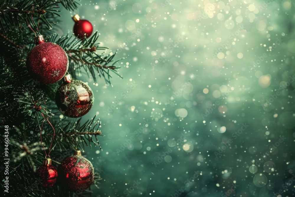 Festive christmas ornaments on evergreen tree Festive christmas ornaments on evergreen tree