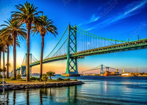 Vincent Thomas Bridge Connecting San Pedro to Terminal Island Under Clear Blue Skies in California photo