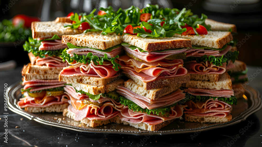 A platter of assorted ham sandwiches with various fillings, captured using an ultra HD camera with a ring light for even illumination A platter of assorted ham sandwiches with various fillings, captured using an ultra HD camera with a ring light for even illumination