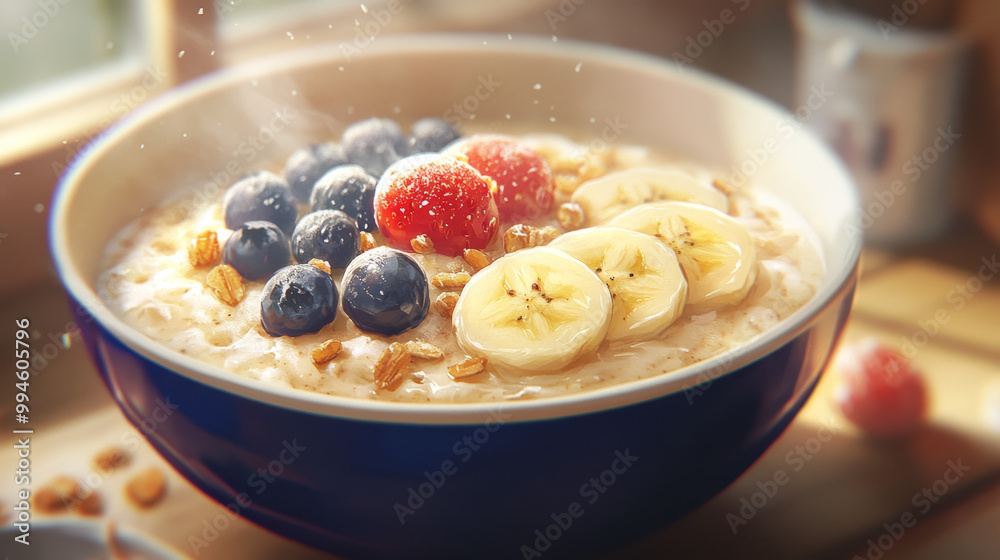 Visualize a cozy breakfast scene featuring a steaming bowl of oatmeal, topped with a colorful array of fresh fruits--slices of banana, juicy blueberries, and a sprinkle of crunchy nuts. Visualize a cozy breakfast scene featuring a steaming bowl of oatmeal, topped with a colorful array of fresh fruits--slices of banana, juicy blueberries, and a sprinkle of crunchy nuts.
