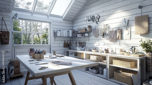 Scandinavian-style craft studio with a white-washed wooden table, wall-mounted storage for supplies, and skylights for natural light photo