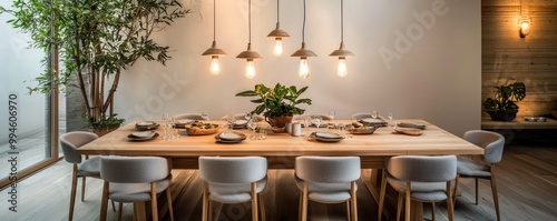 Scandinavian-style dining room with an extendable wooden table, felt chairs, and low-hanging lights for intimate dinner settings photo