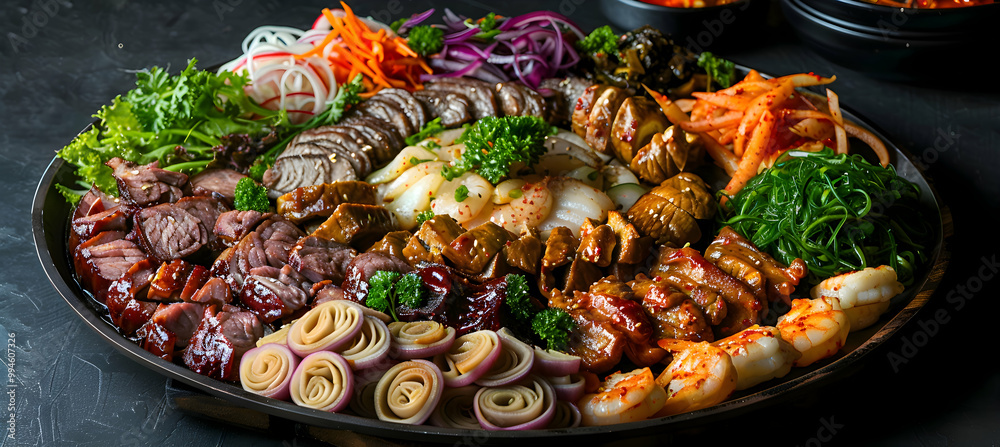 A platter of assorted Korean BBQ meats and vegetables, captured using an ultra HD camera with a ring light for even illumination A platter of assorted Korean BBQ meats and vegetables, captured using an ultra HD camera with a ring light for even illumination