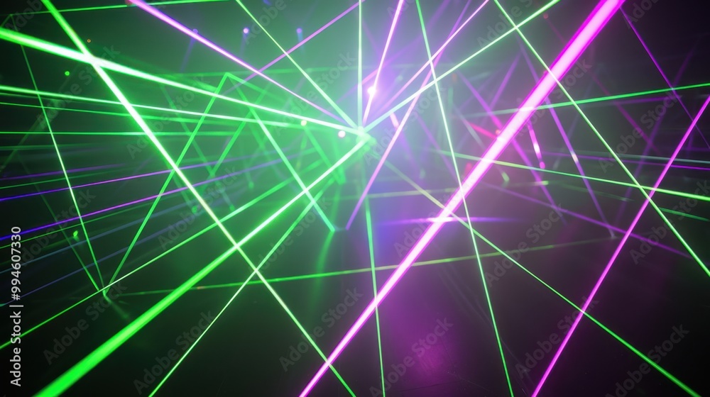 Bright green and purple laser lines crossing each other, forming a complex web of light on a dark background Bright green and purple laser lines crossing each other, forming a complex web of light on a dark background