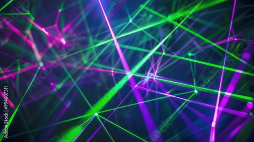 Bright green and purple laser lines crossing each other, forming a complex web of light on a dark background