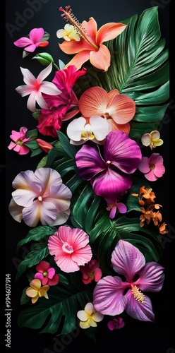 It showcases various tropical blooms, highlighting their colors and textures. It is perfect for creative projects and designs. The image is easily manipulated with Adobe Illustrator.