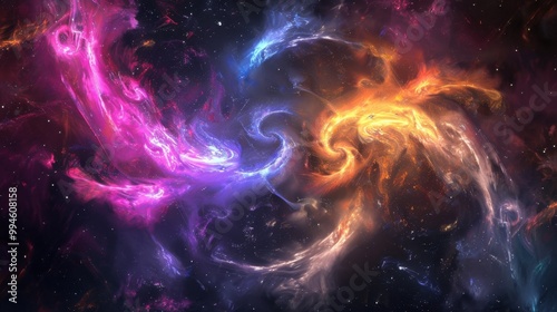 Bright neon curves of light twisting and turning in the darkness of space, with a backdrop of cosmic clouds and stars