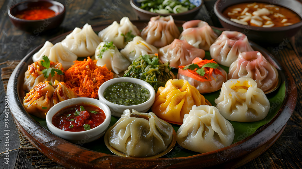 A platter of assorted mandu with various fillings, captured using an ultra HD camera with a ring light for even illumination A platter of assorted mandu with various fillings, captured using an ultra HD camera with a ring light for even illumination
