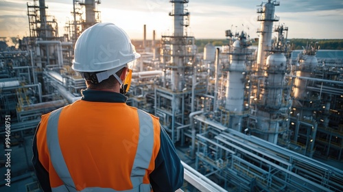 Industrial Worker Overlooking a Large Oil Refinery Plant at Sunset with Complex Piping and Machinery