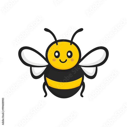 Cute black and yellow bee icon, minimalistic, simple cartoon illustration, transparent, or no background