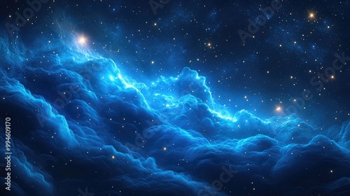 Stunning Cosmic Landscape with Glowing Blue Nebula and Sparkling Stars in Deep Space