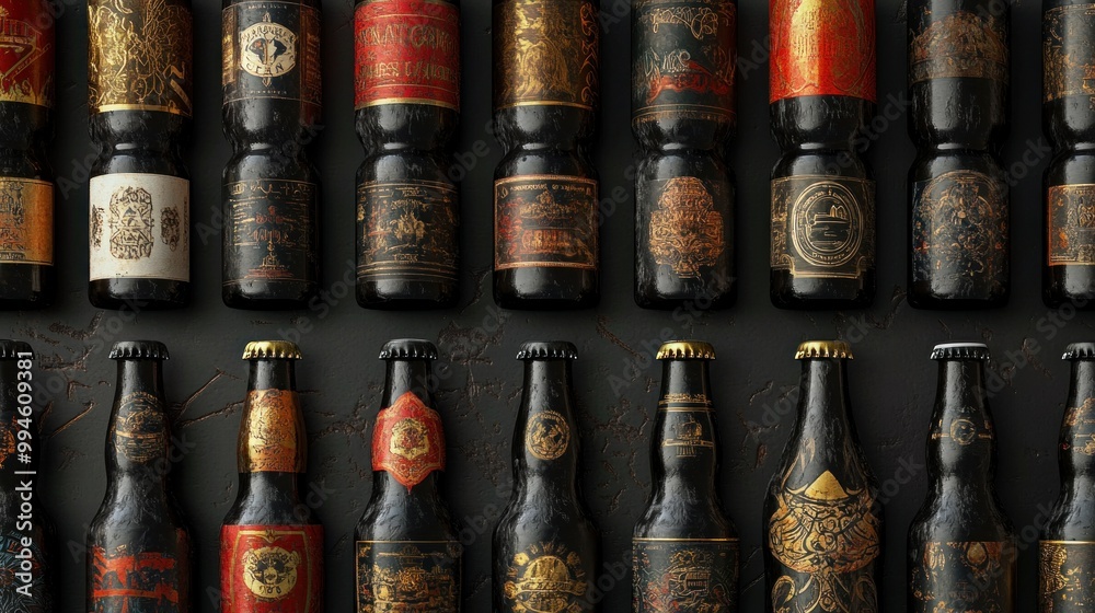Collection of Ornate Black Glass Bottles with Gold and Red Accents Collection of Ornate Black Glass Bottles with Gold and Red Accents
