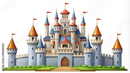 Large cartoon castle is standing tall with many towers and red flags waving in the wind