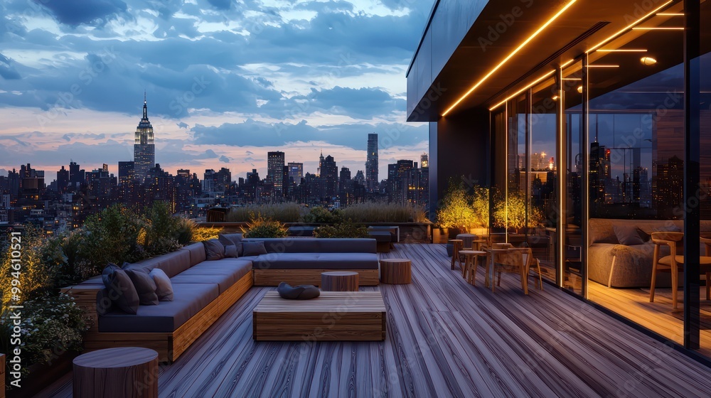 View of Scandinavian-themed roof deck with minimalistic wooden furniture, soft ...
