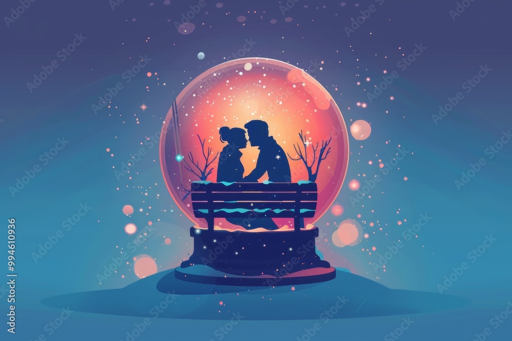 Naklejka premium Silhouette romance in snow globe