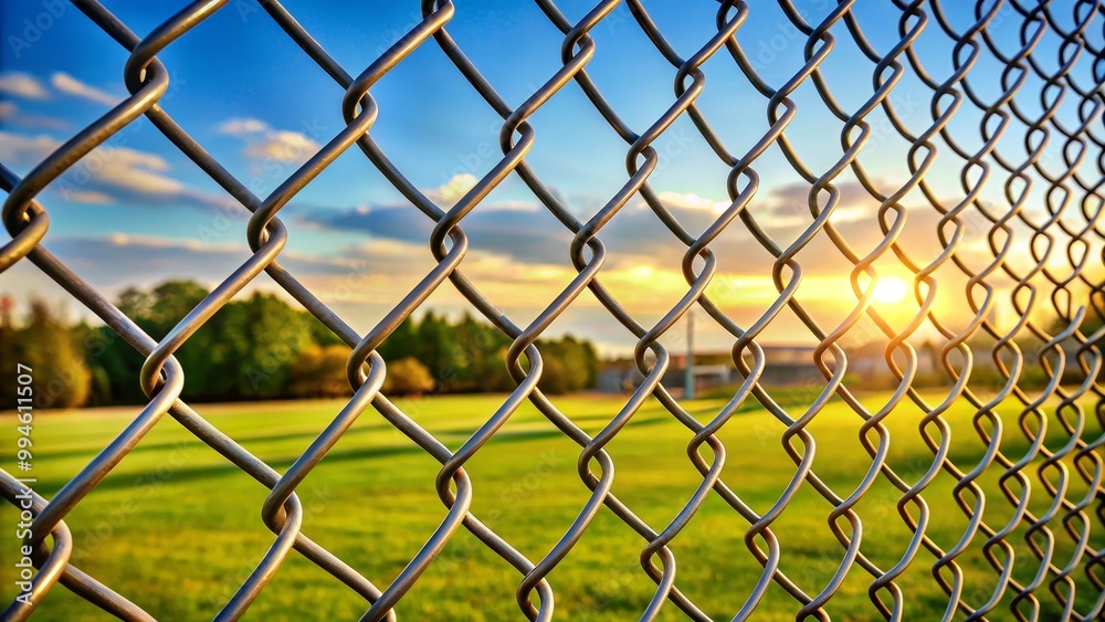 Fototapeta premium The sun is setting behind a chain link fence with a blurry background of a green field