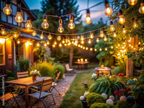 Warm Glow of Gold Outdoor String Lights Illuminating a Cozy Garden Space During Evening Gathering