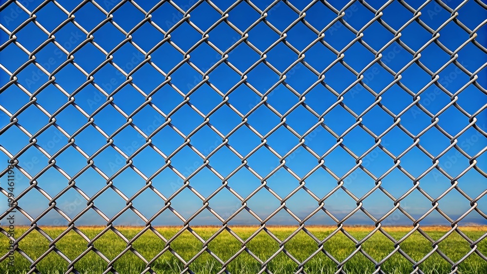 Chain link fence with a blurry background of a green field Chain link fence with a blurry background of a green field
