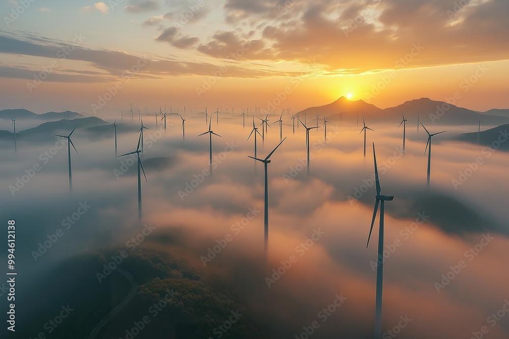 A breathtaking sunrise over a vast wind farm, showcasing towering turbines generating renewable energy in a serene landscape A breathtaking sunrise over a vast wind farm, showcasing towering turbines generating renewable energy in a serene landscape
