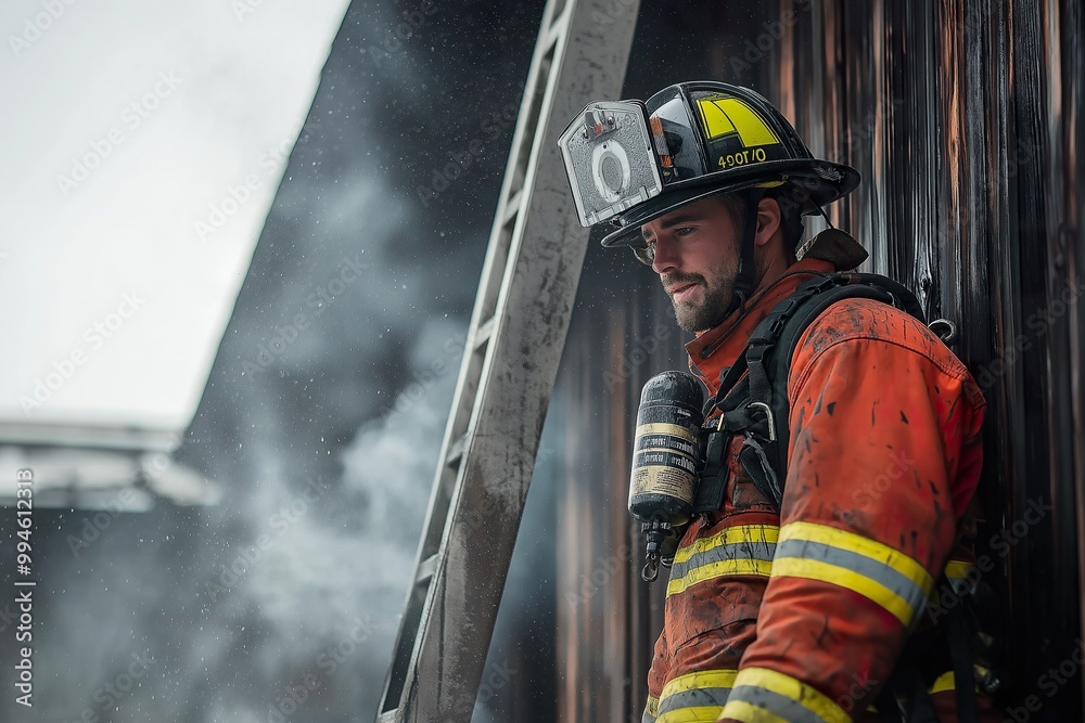 A firefighter in full gear rests against a wall after battling a structure fire on a cold, smoky morning in a residential neighborhood A firefighter in full gear rests against a wall after battling a structure fire on a cold, smoky morning in a residential neighborhood
