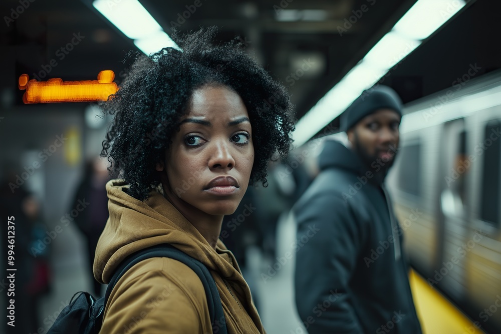 At a lively train station brimming with activity, a woman stands by, glancing over her shoulder while other passengers eagerly board the train At a lively train station brimming with activity, a woman stands by, glancing over her shoulder while other passengers eagerly board the train