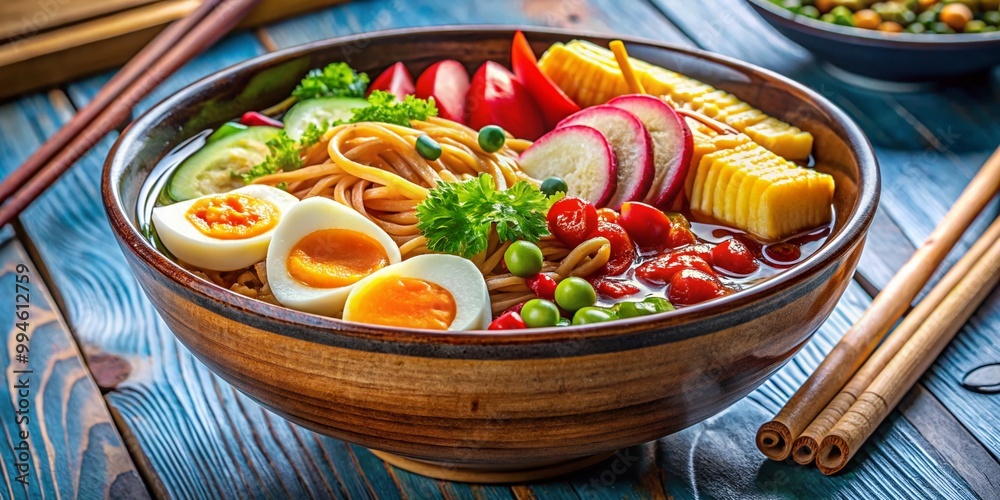 Whimsical Cartoon Ramen Bowl with Noodles and Toppings in a Colorful and Fun Style for Illustrations Whimsical Cartoon Ramen Bowl with Noodles and Toppings in a Colorful and Fun Style for Illustrations