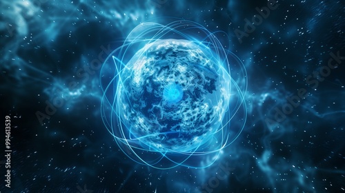 A glowing blue energy sphere surrounded by swirling light trails, set in a cosmic environment