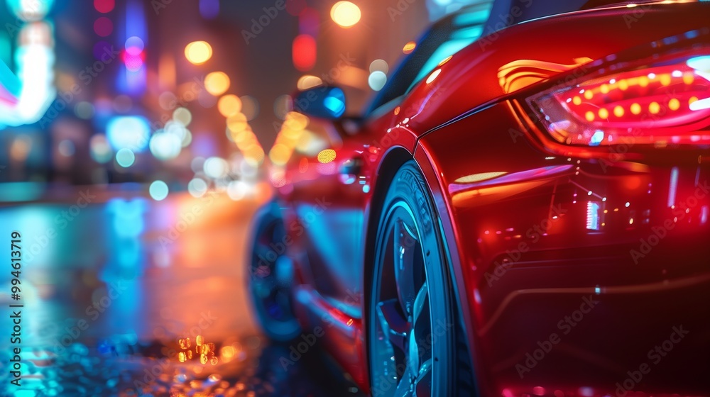 A sleek car is parked on a wet city street at night, with vibrant bokeh lights A sleek car is parked on a wet city street at night, with vibrant bokeh lights