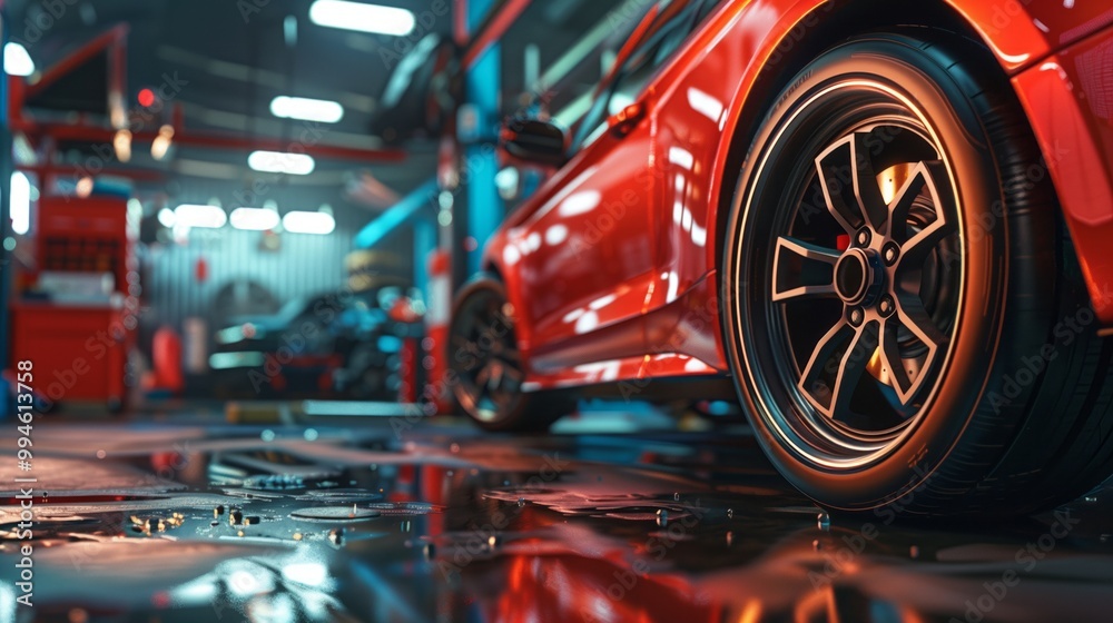 Fototapeta premium A close-up shot of a red sports car's tire inside an auto service station