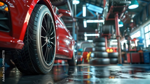 A close-up shot of a red sports car's tire inside an auto service station