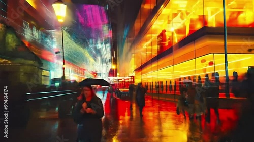 Vibrant Metropolis Street Bustling in the Evening, Illuminated by the Reflections of Neon Signs. A Dynamic Urban Scene Capturing the Pulse of City Life After Dark.