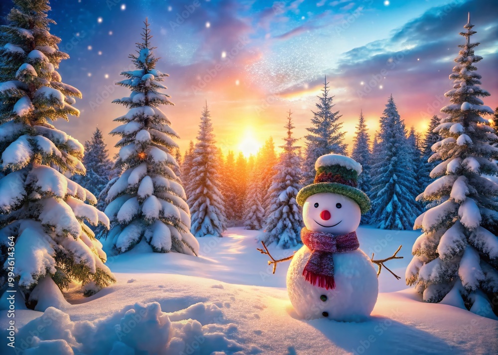 Obraz premium Winter Wonderland Scene Featuring a Cheerful Snowman Surrounded by Snowy Trees and Soft Light
