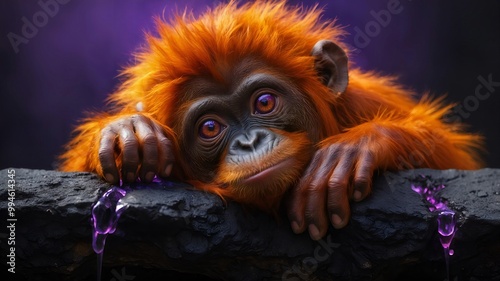 Fiery Orange Orangutan with Violet Eyes, Resting on Embers, Stylized Digital Painting, Volcanic Landscape, Bold Fur, Glowing Lava, Vivid Fantasy Art photo