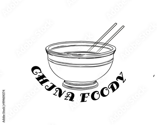 hand drawn bowl with chopsticks, Asian food. Chinese, Korean, Japanese bowl vector illustration
