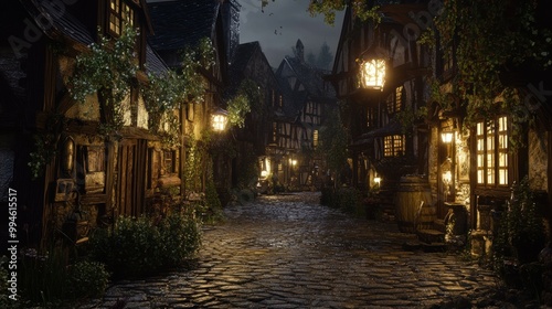 A cobblestone street in a medieval town lit by lanterns at night.