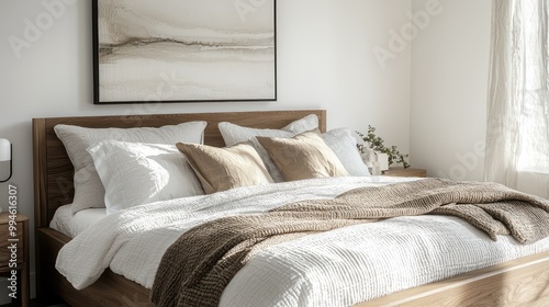Scandinavian master suite with a bespoke wooden bed frame, layered bedding, and a minimalist art piece over the headboard